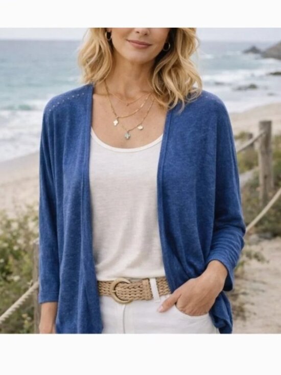 J. Jill Sweaters - J. Jill Blue Linen Blend Knit Open Front Cardigan Size M